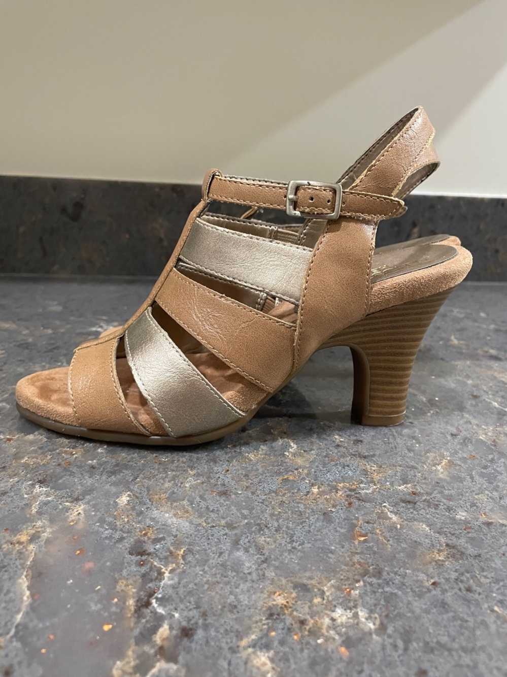 AEROSOLES Tan and Metallic Bronze Multi-Strap Slingback Sandals